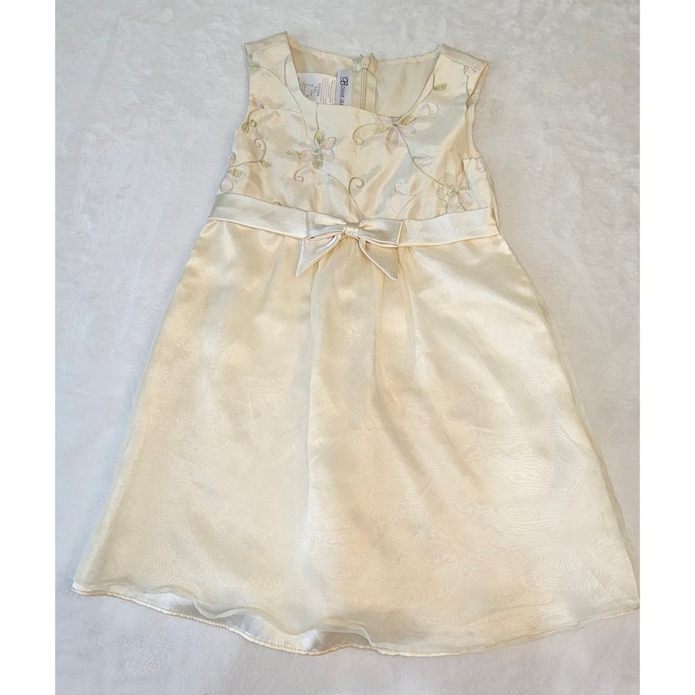Bonnie Jean Girls Ivory Yellow Floral Embroidered Bow Party Dress Size 4